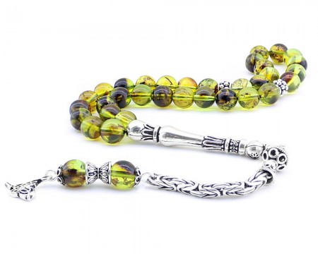 925 Ayar Gümüş Kral Zincirli Tuğra Püsküllü Damla Kehribar Tesbih - Tesbihane