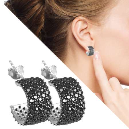 Siyah Zirkon Taşlı Yarım Tur 925 Ayar Gümüş Küpe - Tesbihane