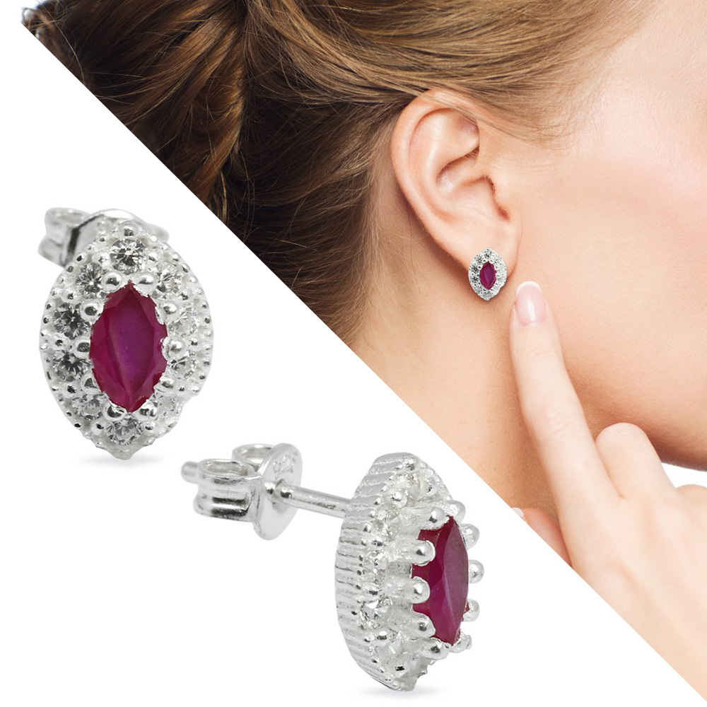 Bordo Zirkon Taşlı Oval Tasarım 925 Ayar Gümüş Küpe - 1