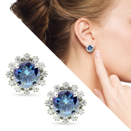 Beyaz Mavi Zirkon Taşlı Yuvarlak Tasarım 925 Ayar Gümüş Küpe - Tesbihane