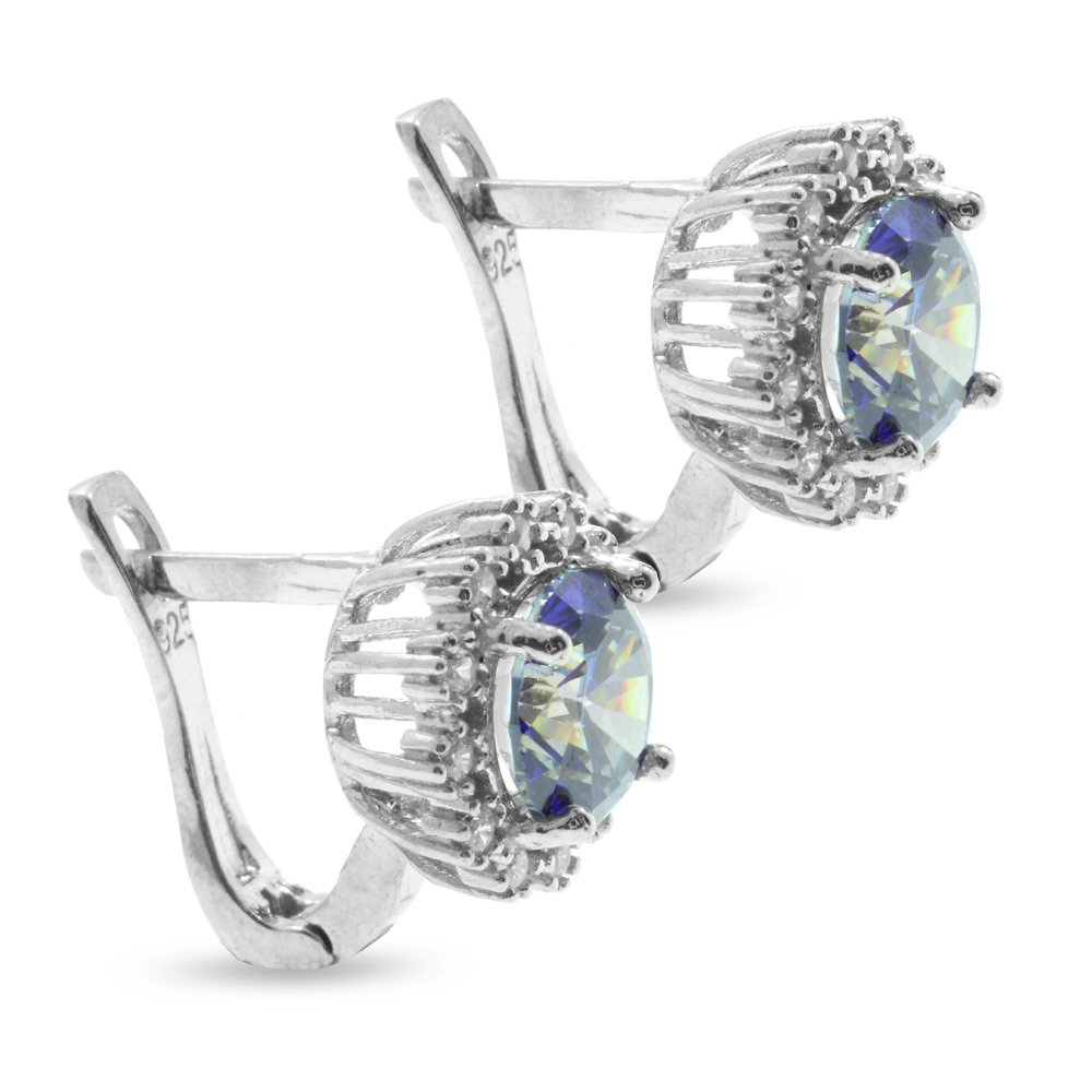 Beyaz Mavi Zirkon Taşlı Yuvarlak Tasarım 925 Ayar Gümüş Küpe - 2