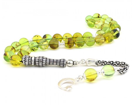 925 Ayar Gümüş Küre Kesim Ayyıldız Püsküllü Damla Kehribar Tesbih - Tesbihane