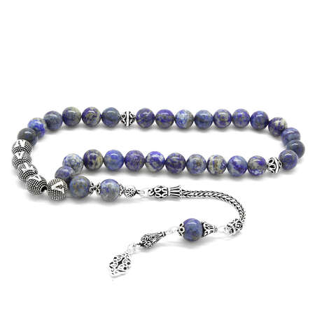 925 Ayar Gümüş Püsküllü Küre Kesim İsim Yazılı Hareli Mavi Lapis Doğaltaş Tesbih - Tesbihane