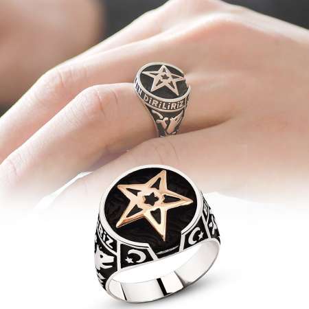 Ayyıldız ve Kayı Boyu İşlemeli 925 Ayar Gümüş Kutul-Amâre Yüzüğü - STOKYOK