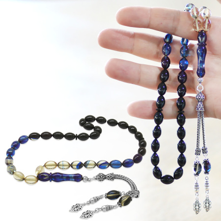 925 Ayar Gümüş Çift Püsküllü Arpa Kesim Süzme Mavi Beyaz Ateş Kehribar Tesbih - Tesbihane