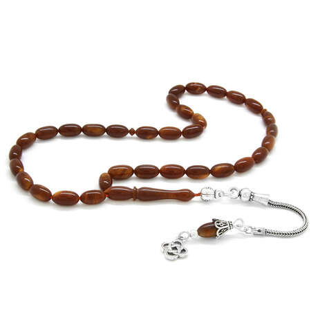 925 Ayar Gümüş Lale Püsküllü Basic Tasarım Arpa Kesim Işıltılı Kahverengi Sıkma Kehribar Tesbih - Tesbihane