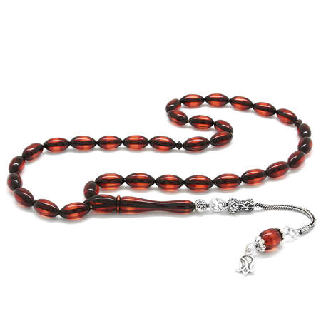 925 Ayar Gümüş Lale Püsküllü Basic Tasarım Arpa Kesim Sürmeli Kırmızı Ateş Kehribar Tesbih - Tesbihane