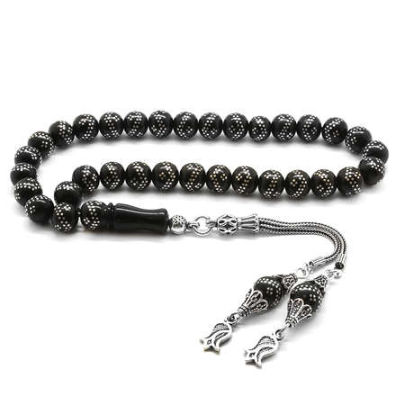 925 Ayar Gümüş Lale Püsküllü Gümüş Çift Zikzak İşlemeli Rus Oltu Tesbih - Tesbihane