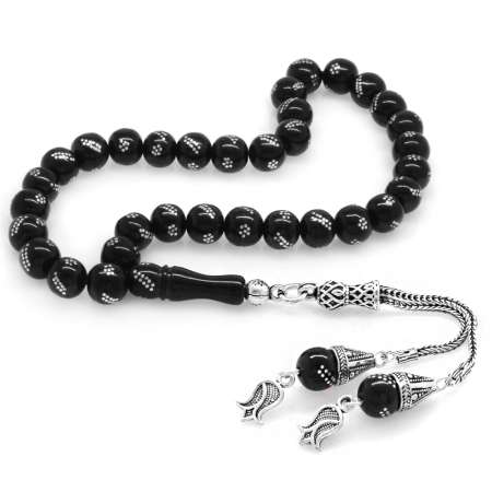 925 Ayar Gümüş Lale Püsküllü Gümüş İşlemeli Küre Kesim Rus Oltu Tesbih - Tesbihane