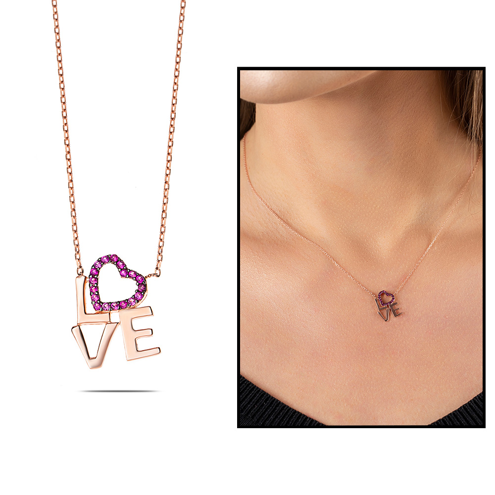 Pembe Zirkon Taşlı Love Kalp Tasarım 925 Ayar Gümüş Bayan Kolye - 1