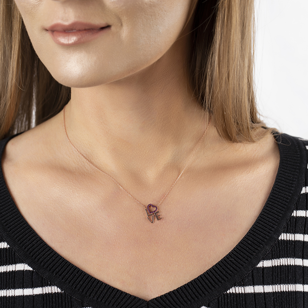 Pembe Zirkon Taşlı Love Kalp Tasarım 925 Ayar Gümüş Bayan Kolye - 3