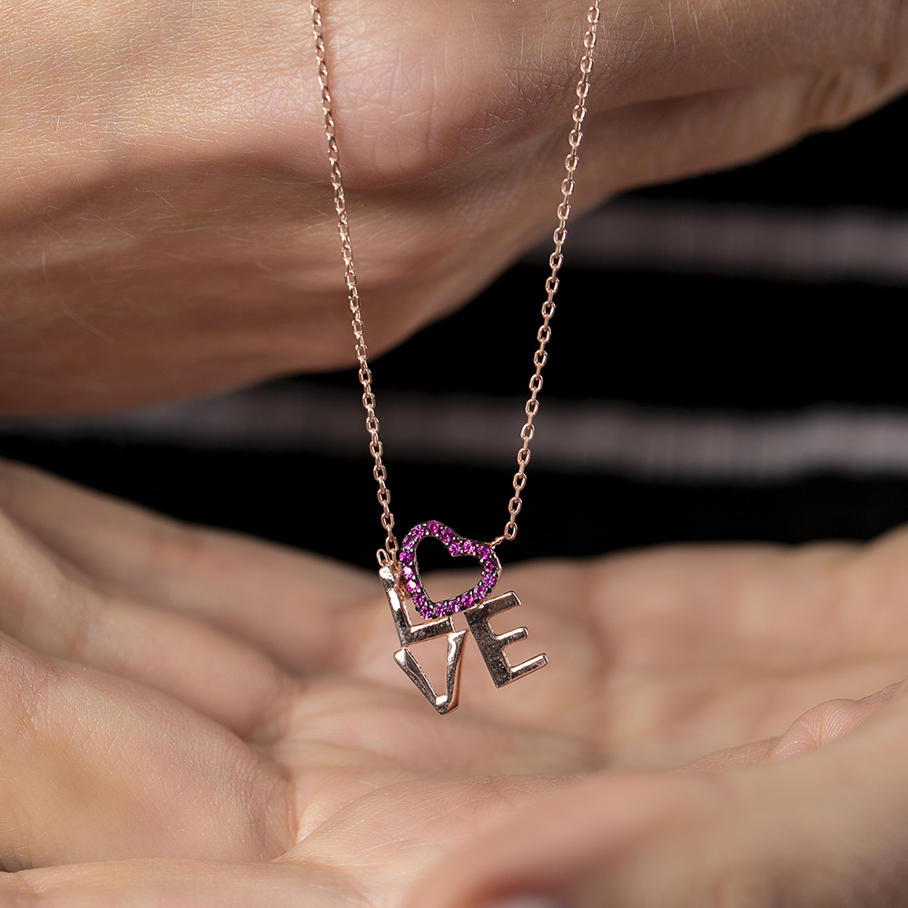 Pembe Zirkon Taşlı Love Kalp Tasarım 925 Ayar Gümüş Bayan Kolye - 4