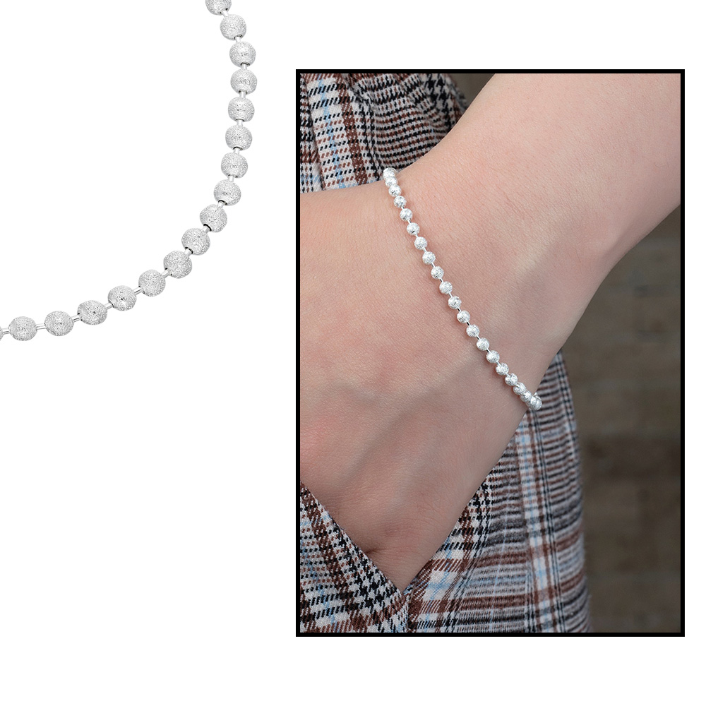 925 Ayar Gümüş Mat Ball Chain Bayan Zincir Bileklik - 1