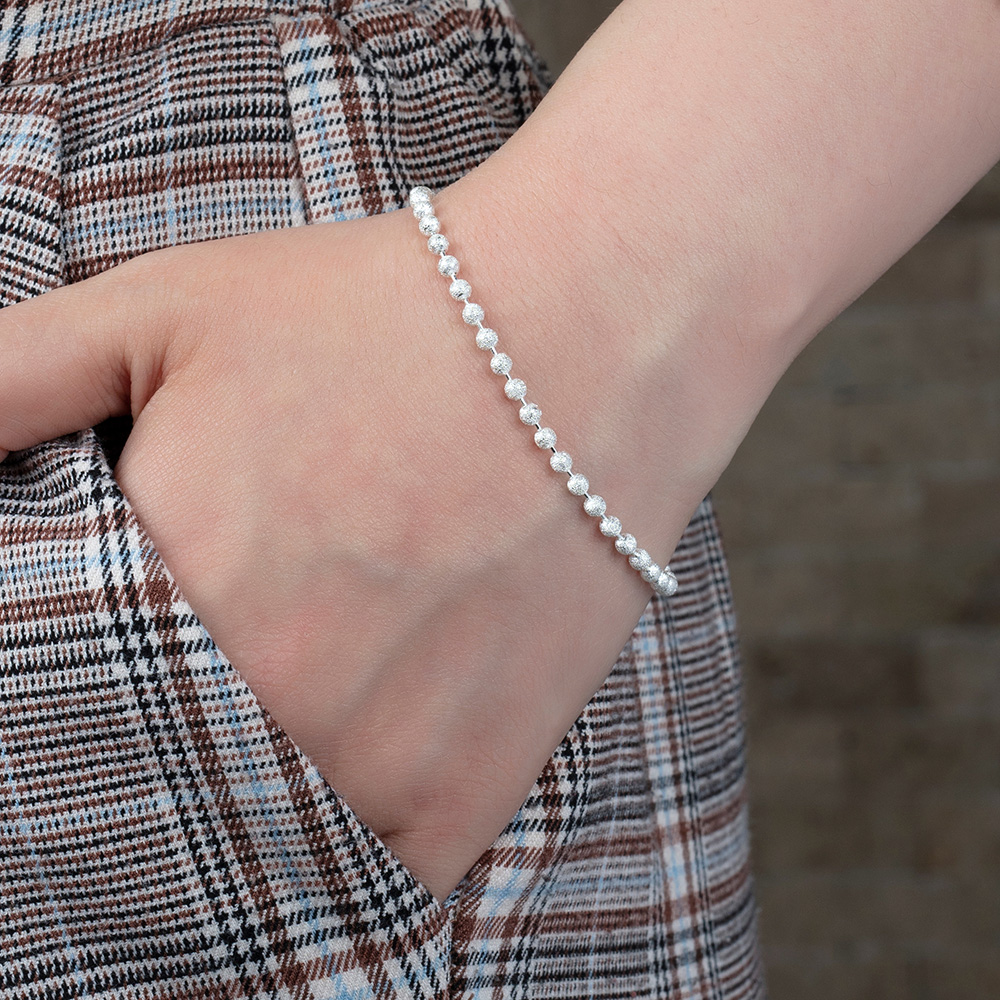 925 Ayar Gümüş Mat Ball Chain Bayan Zincir Bileklik - 2