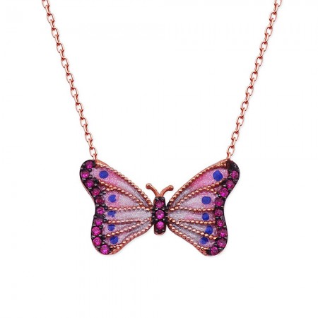 925 Ayar Gümüş Mavi Benekli Pembe Kelebek Kolye - Tesbihane