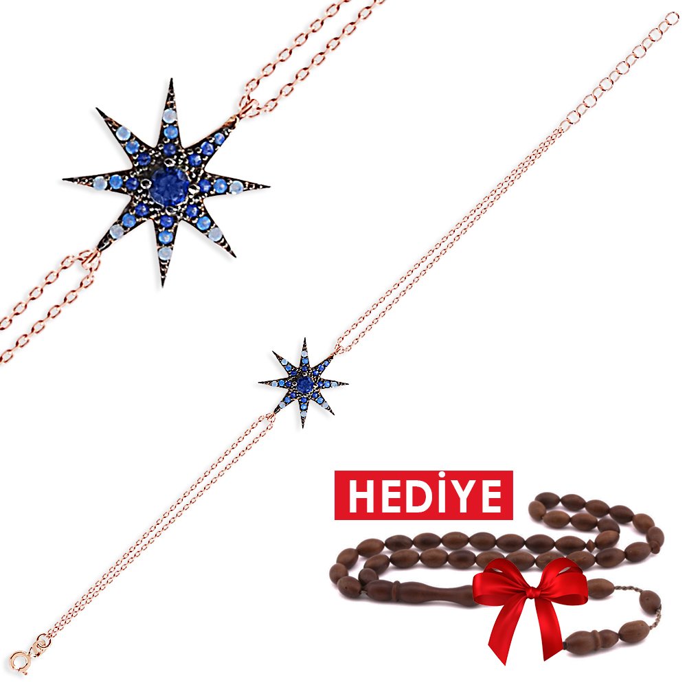 925 Ayar Gümüş Mavi Beyaz Taşlı 8 Yıldız Bileklik (Hediyeli) - 1