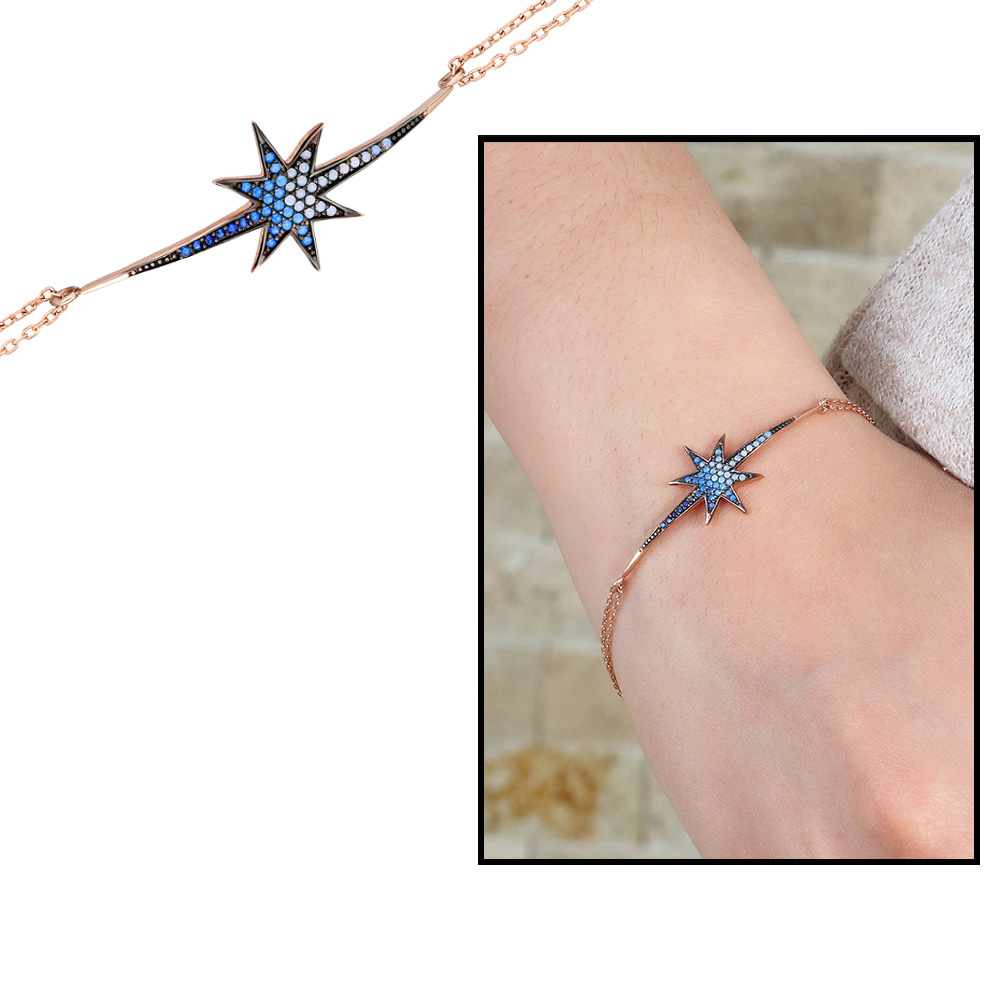 Beyaz Mavi Zirkon Taşlı Kuyruklu Yıldız 925 Ayar Gümüş Bayan Bileklik - 1