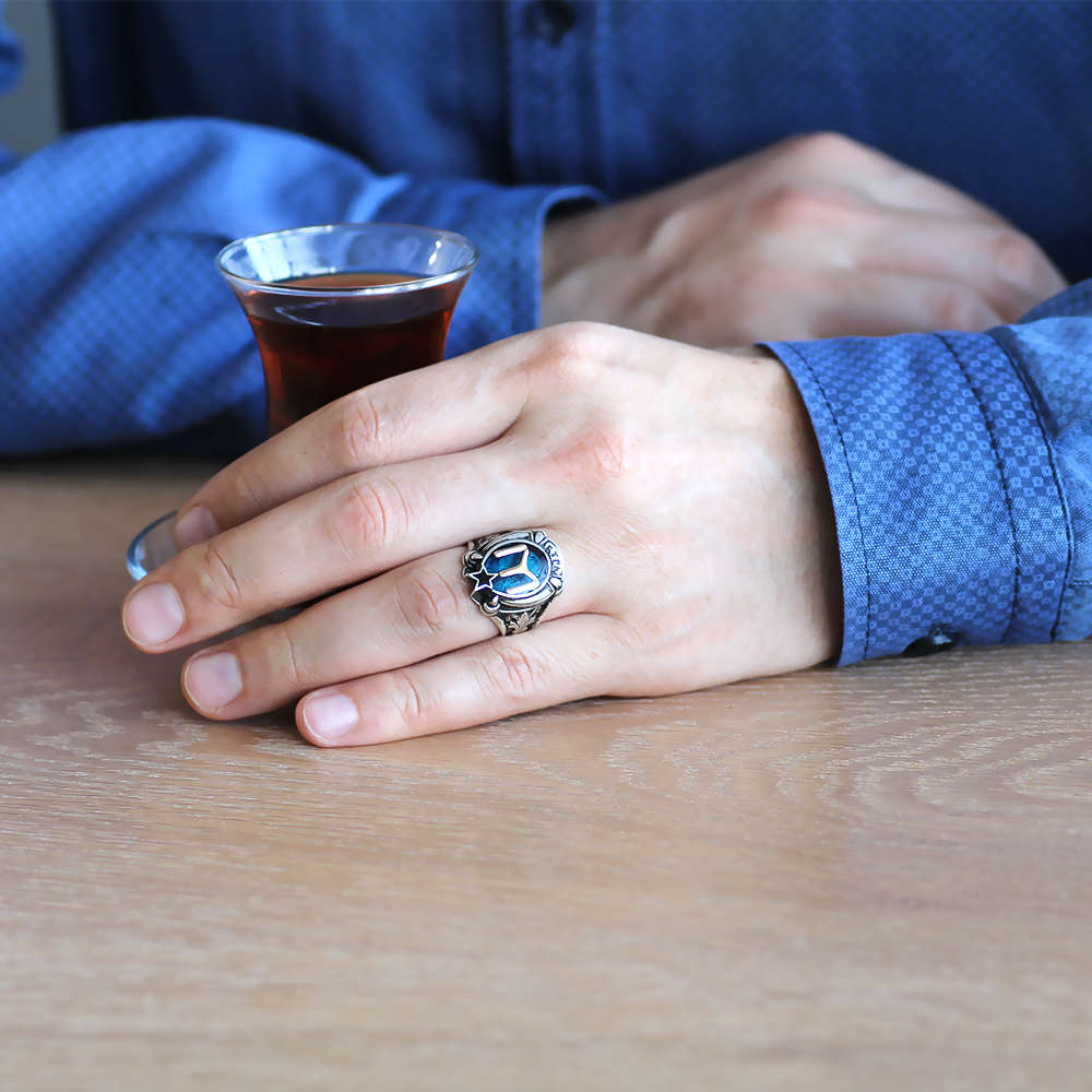 Pençe Tasarım Ayyıldız Motifli Mineli 925 Ayar Gümüş Erkek Yüzük - 2