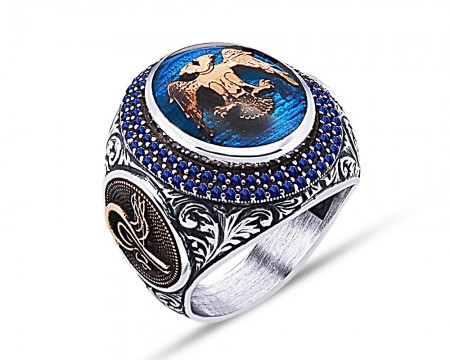 925 Ayar Gümüş Mavi Mine Üzerine Çift Başlı Kartal Desen Yüzük - Tesbihane