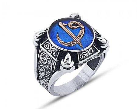 925 Ayar Gümüş Mavi Mine Üzerine Elif Vav Desen Yüzük Model 2 - Tesbihane