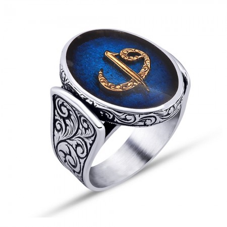 925 Ayar Gümüş Mavi Mine Üzerine Elif Vav Harfli Oval Yüzük - Tesbihane