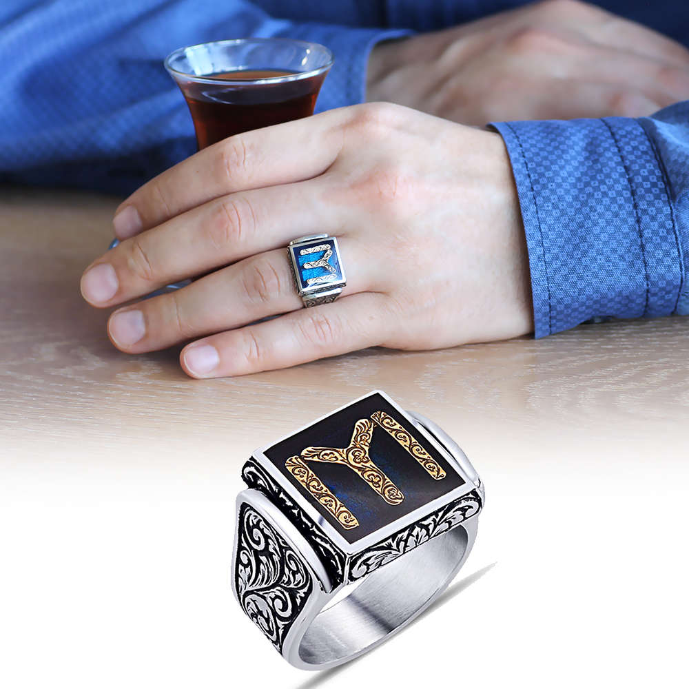 Dörtgen Kayı Boyu Motifli Mavi Mineli 925 Ayar Gümüş Erkek Yüzük - 1