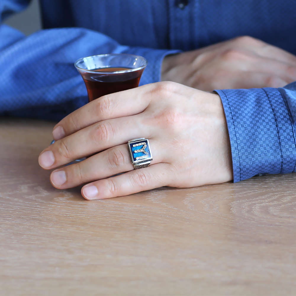Dörtgen Kayı Boyu Motifli Mavi Mineli 925 Ayar Gümüş Erkek Yüzük - 2