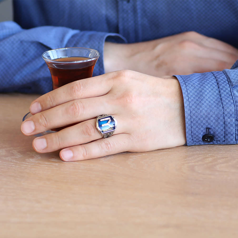 Kayı Boyu Motifli Mavi Mineli 925 Ayar Gümüş Erkek Yüzük - 2