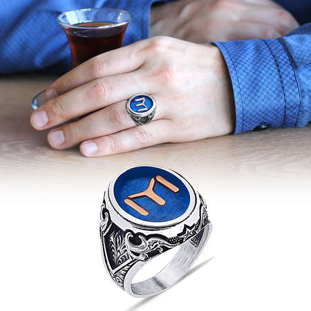 Oval Kayı Boyu Motifli Mavi Mineli 925 Ayar Gümüş Erkek Yüzük - Tesbihane
