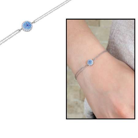 Beyaz Mavi Zirkon Taşlı Yuvarlak Tasarım 925 Ayar Gümüş Bayan Bileklik - Tesbihane