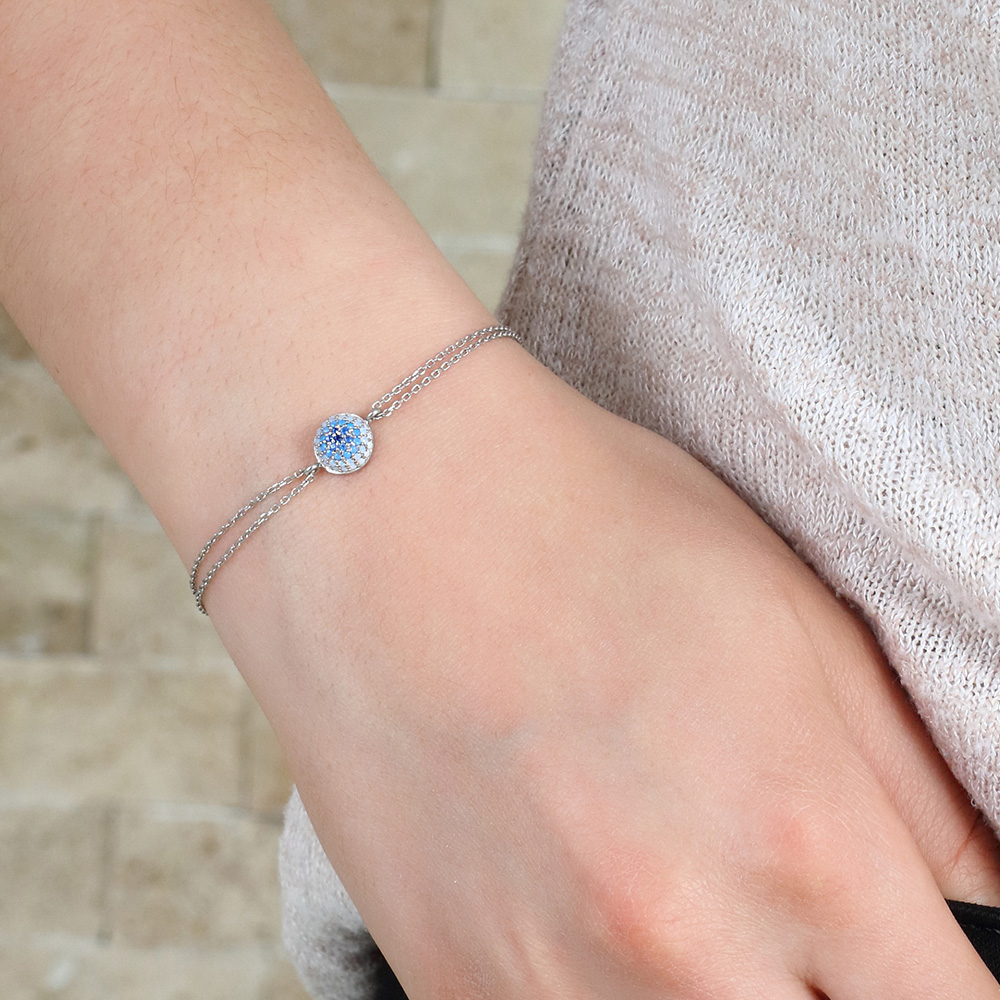 Beyaz Mavi Zirkon Taşlı Yuvarlak Tasarım 925 Ayar Gümüş Bayan Bileklik - 2