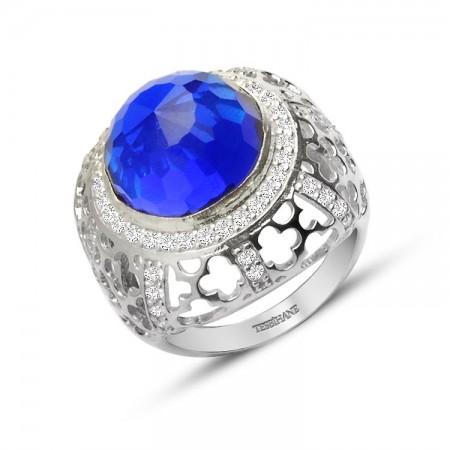 925 Ayar Gümüş Mavi ve Beyaz Zirkon Taşlı Rose Yüzük - Tesbihane