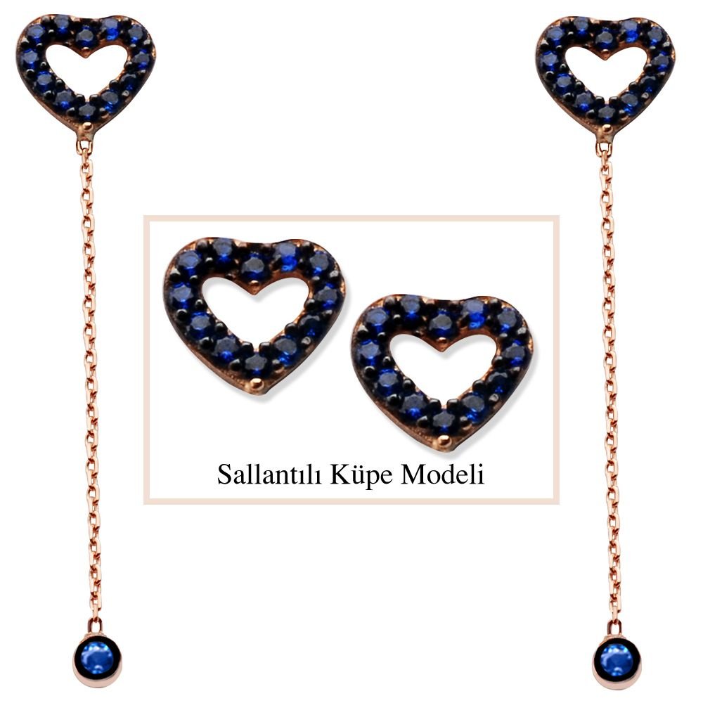 925 Ayar Gümüş Mavi Zirkon Taşlı Boş Kalp Model Japon Sallantılı Küpe (SRD00198) - 1