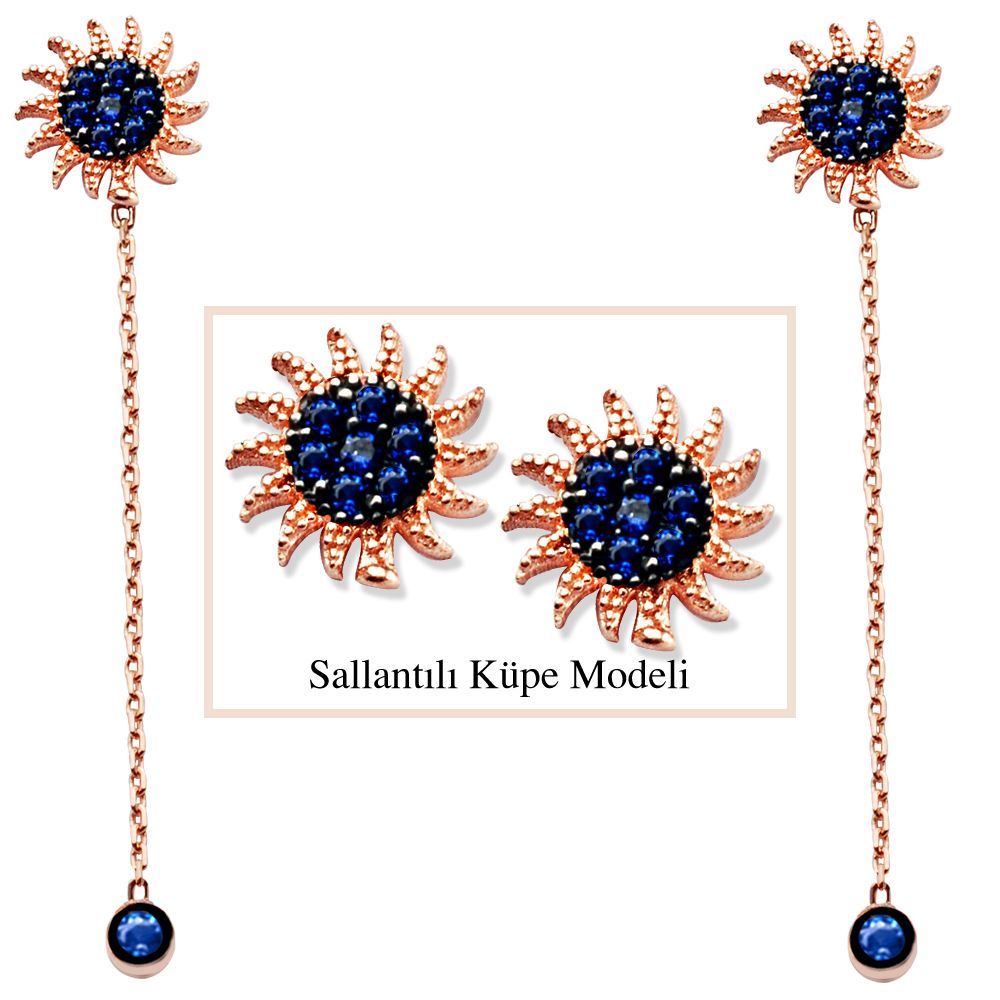 925 Ayar Gümüş Mavi Zirkon Taşlı Güneş Model Japon Sallantılı Küpe (SRD00202) - 1