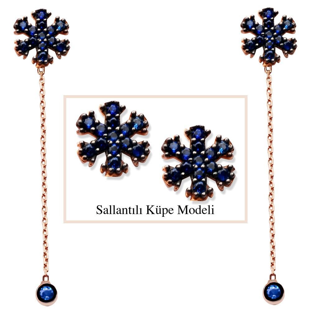 925 Ayar Gümüş Mavi Zirkon Taşlı Kar Tanesi Model Japon Sallantılı Küpe (SRD00199) - 1