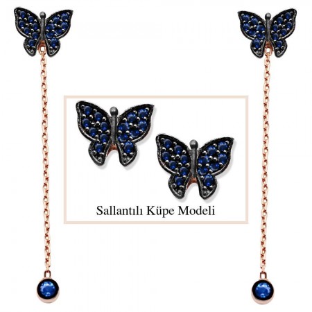 925 Ayar Gümüş Mavi Zirkon Taşlı Kelebek Model Japon Sallantılı Küpe - Tesbihane