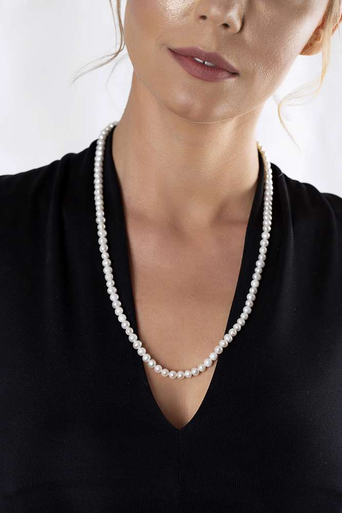 925 Ayar Gümüş Mekanizmalı 60 cm Zarif Mayorka İnci Bayan Kolye - 5