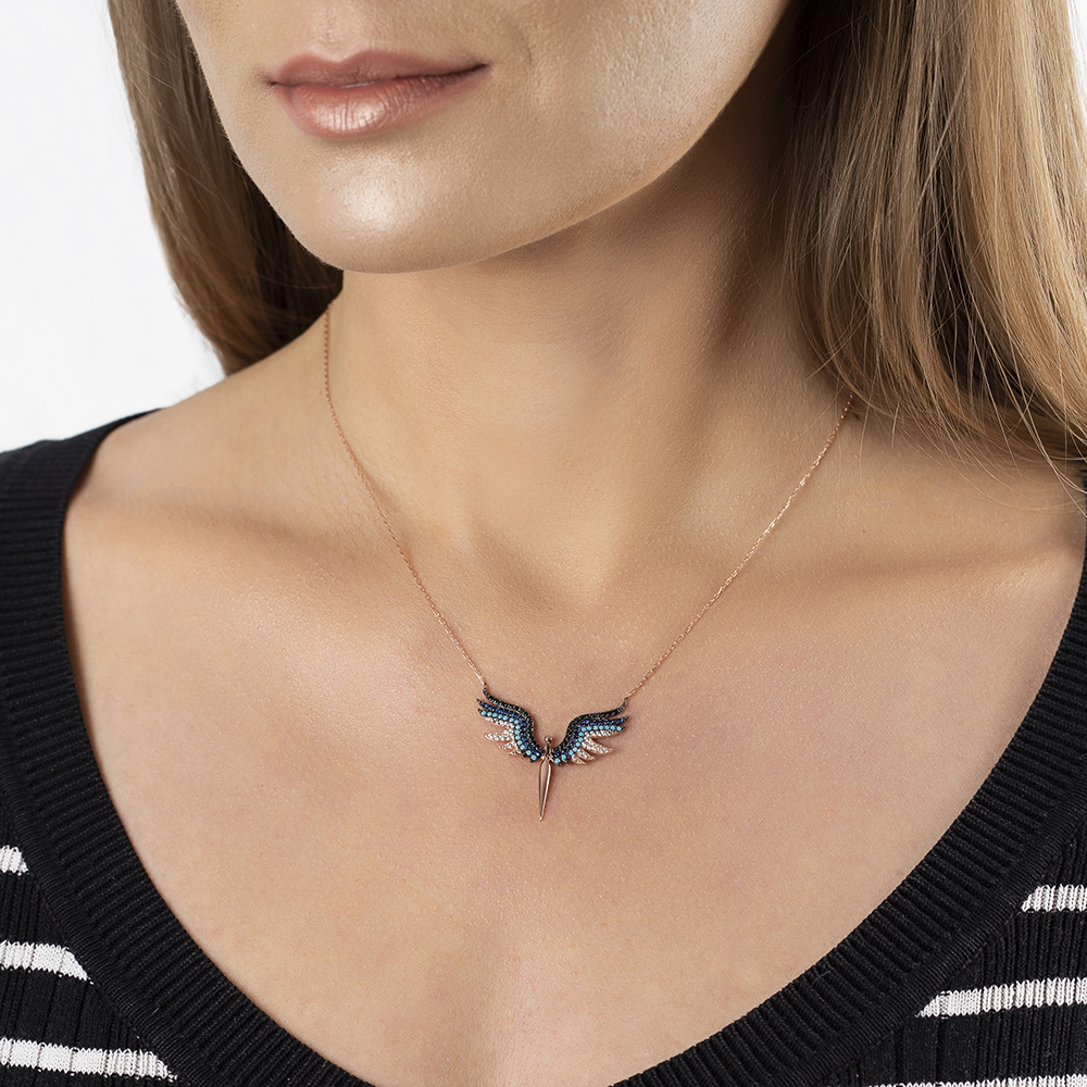 Renkli Zirkon Taşlı Melek Tasarım 925 Ayar Gümüş Bayan Kolye - 3