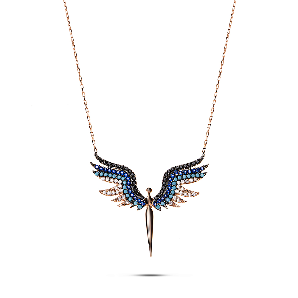 Renkli Zirkon Taşlı Melek Tasarım 925 Ayar Gümüş Bayan Kolye - 5