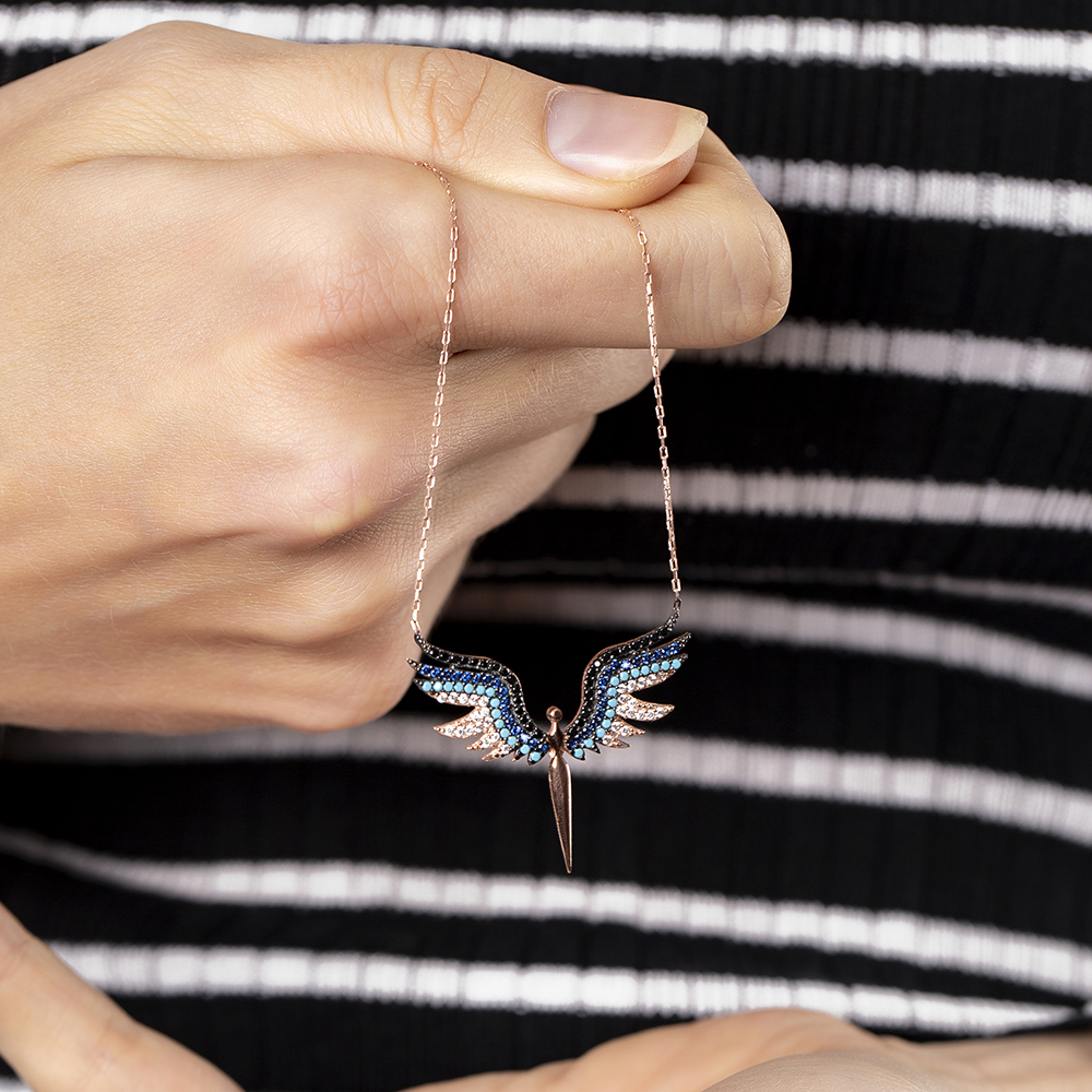 Renkli Zirkon Taşlı Melek Tasarım 925 Ayar Gümüş Bayan Kolye - 4