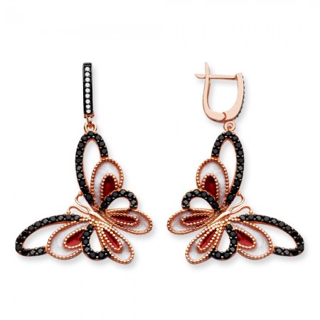 925 Ayar Gümüş Mine İşlemeli Kırmız Siyah Noktalı Kelebek Küpe (SRD0164) - Tesbihane