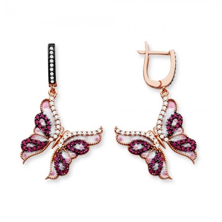 925 Ayar Gümüş Mine İşlemeli Pembe Kırmızı Noktalı Kelebek Küpe (SRD0166) - Tesbihane