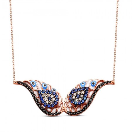 925 Ayar Gümüş Mine Üzerine Zirkon Taşlı ve Nazarlı Kolye - Tesbihane