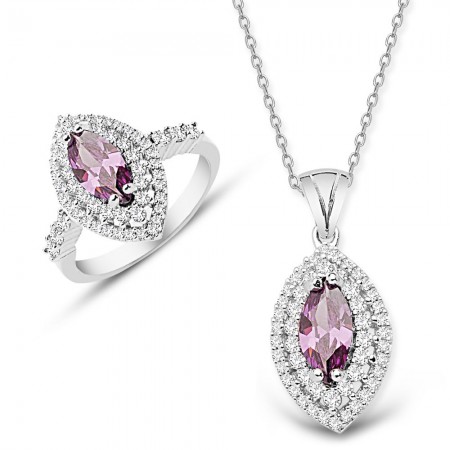 925 Ayar Gümüş Mor ve Beyaz Zirkon Taşlı Kolye ve Yüzük Seti - Tesbihane