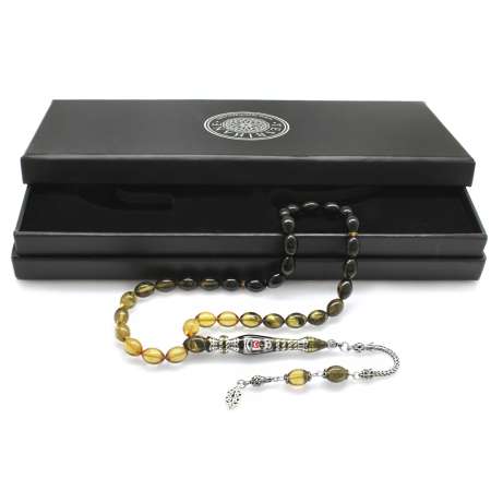 925 Ayar Gümüş Nakkaş İmameli Taraftar Logolu Siyah-Beyaz Sıkma Kehribar Tesbih - Taraftar