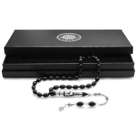 925 Ayar Gümüş Nakkaş İmameli Taraftar Logolu Siyah Sıkma Kehribar Tesbih - Taraftar