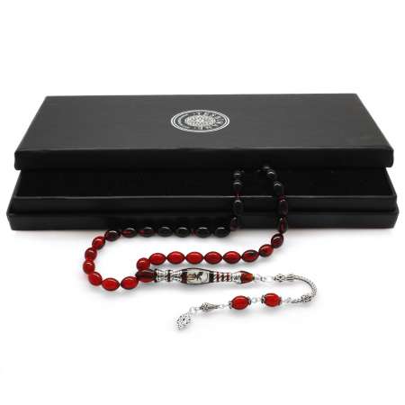 925 Ayar Gümüş Nakkaş İmameli Taraftar Logolu Süzme Kırmızı-Siyah Ateş Kehribar Tesbih - Taraftar