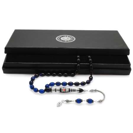 925 Ayar Gümüş Nakkaş İmameli Taraftar Logolu Süzme Mavi-Siyah Sıkma Kehribar Tesbih - Taraftar