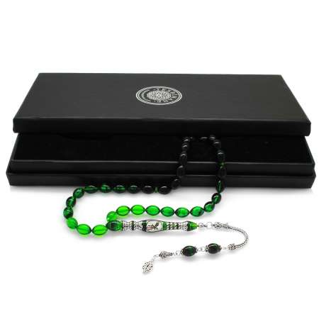 925 Ayar Gümüş Nakkaş İmameli Taraftar Logolu Süzme Yeşil-Siyah Ateş Kehribar Tesbih - Taraftar