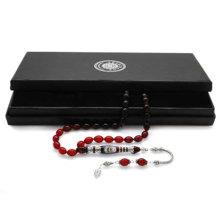 925 Ayar Gümüş Nakkaş İmameli Taraftar Logolu Süzme Kırmızı-Siyah Ateş Kehribar Tesbih - Taraftar